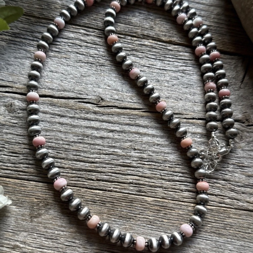 Southwestern Sterling Silver Pink Conch 6mm Pearls Bead Necklace 22 Inch - Picture 10 of 12
